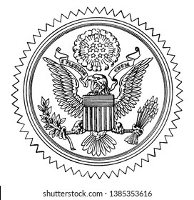 The Great Seal of the United States, this circle shape seal has bald eagle with motto E PLURIBUS UNUM has shield at its chest, and holding olive branch and arrows, stars on top, vintage line drawing