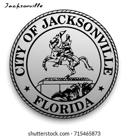 great seal of the USA city of Jacksonville. Round glossy Button with Coat of arms