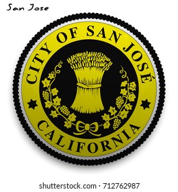 great seal of the USA city of San Jose. Round glossy Button with Coat of arms