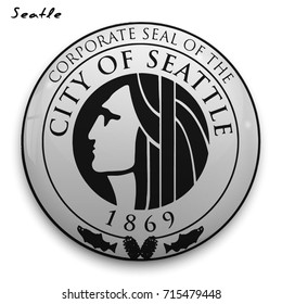 great seal of the USA city of Seatle. Round glossy Button with Coat of arms