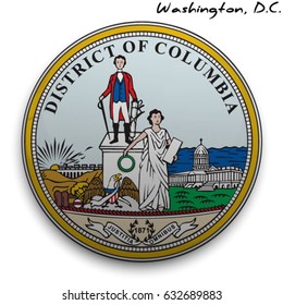 great seal of the USA state of District of Columbia ( Washington, D.C.). Round glossy Button with Coat of arms