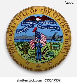 great seal of the USA state of Iowa. Round glossy Button with Coat of arms