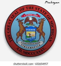 great seal of the USA state of Michigan. Round glossy Button with Coat of arms