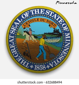 great seal of the USA state of Minnesota. Round glossy Button with Coat of arms