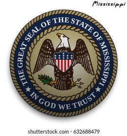 great seal of the USA state of Mississippi. Round glossy Button with Coat of arms.