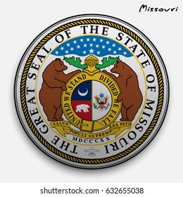 great seal of the USA state of Missouri. Round glossy Button with Coat of arms