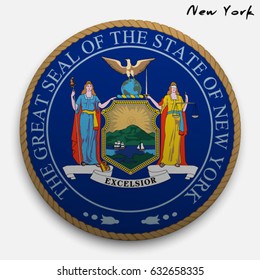 great seal of the USA state of New York. Round glossy Button with Coat of arms