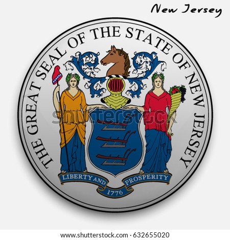 great seal of the USA state of New Jersey. Round glossy Button with Coat of arms