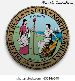 great seal of the USA state of North Carolina. Round glossy Button with Coat of arms