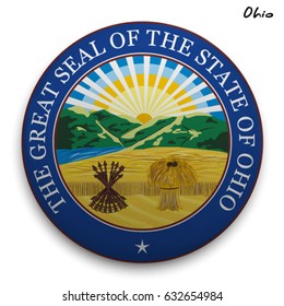 great seal of the USA state of Ohio. Round glossy Button with Coat of arms