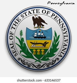 great seal of the USA state of Pennsylvania. Round glossy Button with Coat of arms