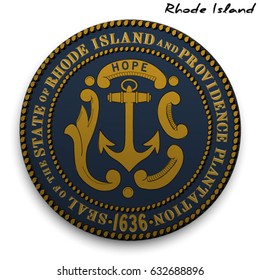 great seal of the USA state of Rhode Island. Round glossy Button with Coat of arms