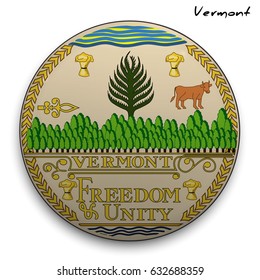 great seal of the USA state of Vermont. Round glossy Button with Coat of arms