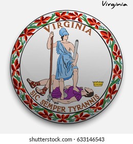 great seal of the USA state of Virginia. Round glossy Button with Coat of arms