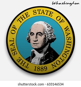 great seal of the USA state of Washington. Round glossy Button with Coat of arms