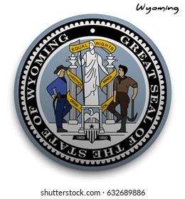 great seal of the USA state of Wyoming. Round glossy Button with Coat of arms