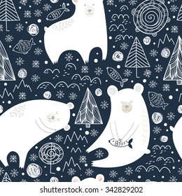 Great seamless pattern with cute polar bears, fishes and trees at night in winter. Can be used for different childish design, fabrics, wrapping and etc. Vector background.