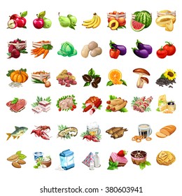 Great selection of food. Ingredients for cooking. Raw vegetables and meat products isolated on white background. Vector illustration.