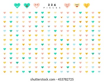 Great set of 224 color emotions isolated on white background. Character emoji for Web. Anger and compassion. Laughter, tears. Smile sadness surprise. Happiness fear.