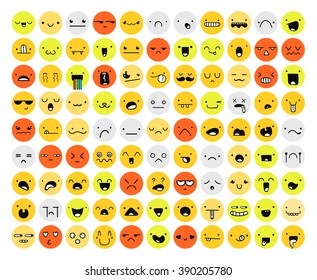 Great set 99 color emotion isolated on white. Emoji  for Web.  Anger and compassion. Laughter, tears. Smile sadness surprise. Happiness  fear. 