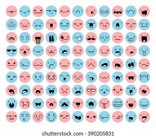 Great Set 99 Pink, Blue Emotion Isolated On White. Emoji For Web. Anger And Compassion. Laughter, Tears. Smile Sadness Surprise. Happiness Fear.