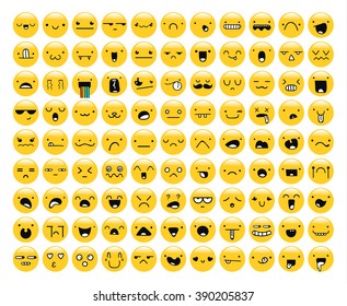 Great set of 99 yellow emotion isolated. Emoji set. Anger and compassion. Laughter and tears. Smile and sadness. Sadness and surprise. Happiness and fear. Emotions for Web development.