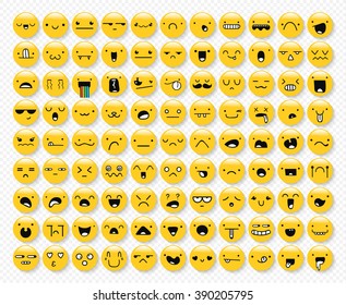 Great set of 99 yellow emotions isolated with transparent shadow. Emoji icons for Web.  Anger and compassion. Laughter, tears. Smile sadness surprise. Happiness  fear. 