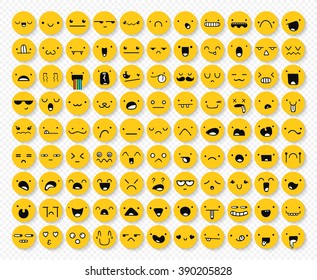 Great set of 99 yellow emotions isolated with transparent shadow. Emoji  for Web.  Anger and compassion. Laughter, tears. Smile sadness surprise. Happiness  fear. 