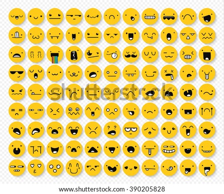 Great set of 99 yellow emotions isolated with transparent shadow. Emoji  for Web.  Anger and compassion. Laughter, tears. Smile sadness surprise. Happiness  fear. 