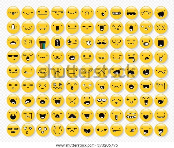 透明な影を持つ99の黄色い感情のセット ウェブ用の絵文字アイコン 怒りと思いやり 笑い 涙 悲しみの驚きにほほ笑む 幸せは恐れる のベクター画像素材 ロイヤリティフリー