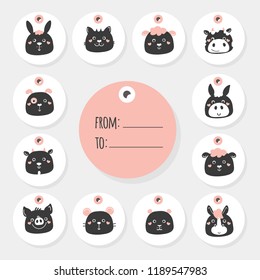 Great set of animals holiday Christmas tags with cartoon characters. Black and white vector farm animals: sheep, hamster, cat, dog, mouse, cow, donkey, horse, goat, pig, rabbit.