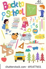 Great set Back to school.  pupils, figures, globe, books, desks, Lunches and much durgee. vector illustration.