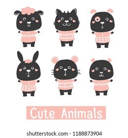 Great set of black and white vector farm animals: sheep, cat, dog, mouse, donkey, rabbit.