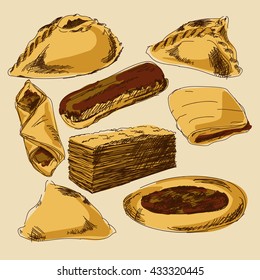 Great set of buns and desserts - puff, cheesecake, pie, bread, cake, Eclair. Hand drawn vector illustration. Sketch