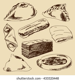 Great set of buns and desserts - puff, cheesecake, pie, bread, cake, Eclair. Hand drawn vector illustration. Sketch