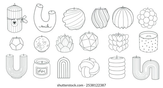 Grande conjunto de velas, diferentes formas e tamanhos. Velas decorativas de cera para relaxamento e spa. Vetor na moda definido no estilo doodle.