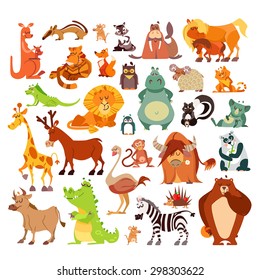 Great set cartoon animals  birds from around the world  African animals forest animals as signs icons design elements Vector illustrations isolated white background  Education  kid design