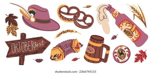 Great set for celebrating Oktoberfest. Festival of beer and attractions in Munich. Traditional attributes and decorations. German drinking culture. Vector illustration isolated on a dark background.