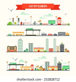 Great set of city elements to create your own map. Flat houses, buildings and cars for design backgrounds and patterns, infographic, web site, game apps.