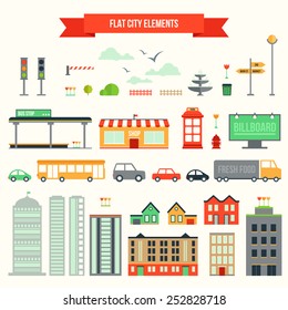 Great set of city elements to create your own map. Flat houses, buildings and cars for design backgrounds and patterns, infographic, web site, game apps.