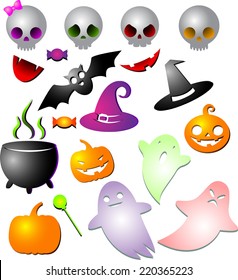 Great set of cute kawaii multicolored objects with shadow for Halloween: pumpkin, Ghost,  pot, hat,  candy, bat,  skull