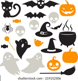 Great set of cute kawaii silhouettes for Halloween: pumpkin, Ghost, cat, pot, hat, broom, candy, bat, spider, skull