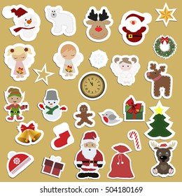 Great set of festive children Christmas stickers. Big Christmas collection lot of label templates and toys for decoration of greeting or gift. Baby vector illustration.