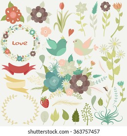 Great set of flowers, leaves, branches, wreaths, labels, hearts, lovely  birds, bouquets for your St. Valentine's day design
