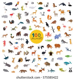 great set of a hundred animals on the planet. vector illustration for children isolated on white background