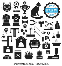 Great set of icons about Lovely Cat. Vector illustration for pet design.  Food, house, mowing, cleaning, toys, clothing, treatment, exhibitions, toilet. Everything about life of cats.