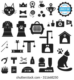 Great set of icons about Lovely Cat. Vector illustration for pet design.  Food, house, mowing, cleaning, toys, clothing, treatment, exhibitions, toilet. Everything about life of cats.