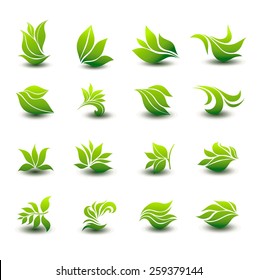 a great set of icons of stylized green leaves