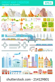 Great set of map creator with mountains, trees, buildings,roads,vehicles and many other objects. Create your own world. Map constructor. Vector illustrations and infographics