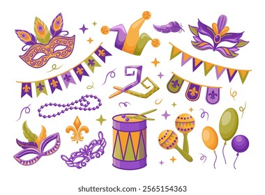 Great set for Mardi Gras celebration. Carnival masks. Garlands of flags. Musical instruments, balloons, beads. Vector illustration in flat style for sticker, postcard, design element